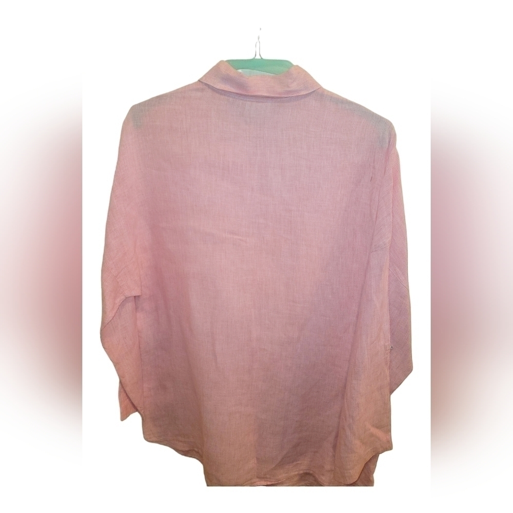 Chico's Pink and White Stripped Linen Button Down Side Pocket Knee Length Shirt - Picture 4 of 6
